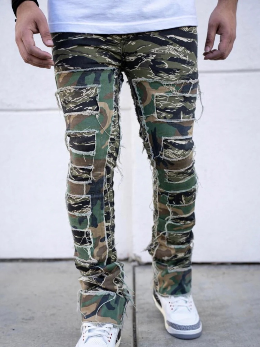 Men's Green Camo Distressed Flare Jeans